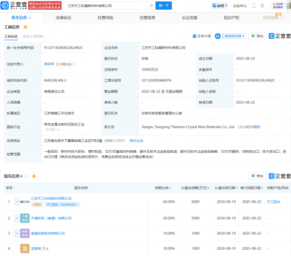 银铺子配资 天工股份等成立钛晶新材料公司，注册资本1亿元
